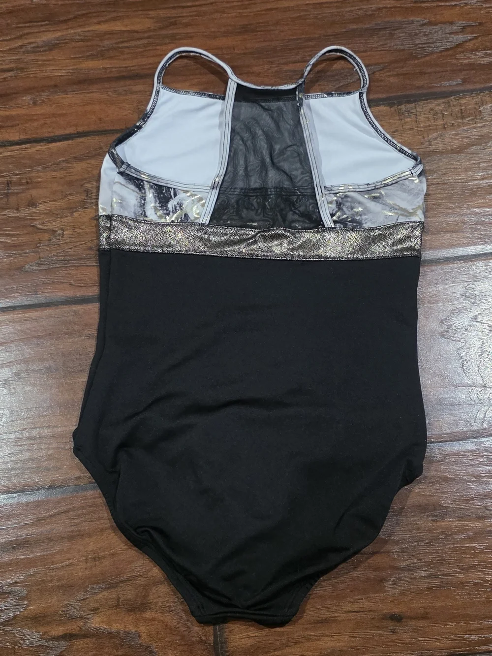 Justice Black and White Marble-Print Gymnastics Leotard with Gold Band